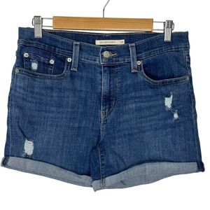 Levis Mid Length Denim Shorts Size 28 Dark Wash Distressed Cuffed Womens